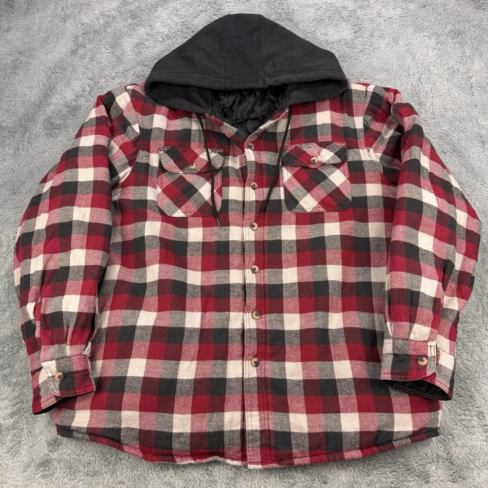 Wrangler Quilted Lined Shacket Men L Red Buffalo Plaid‎ Workwear Hooded